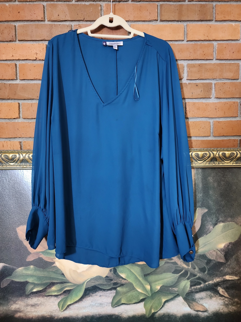 Jennifer Lopez Teal V-Neck Long-Sleeve Blouse 2x